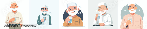 half body vector muslim grandfather holding a glass of water
