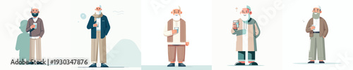 vector muslim grandfather standing holding a glass of water