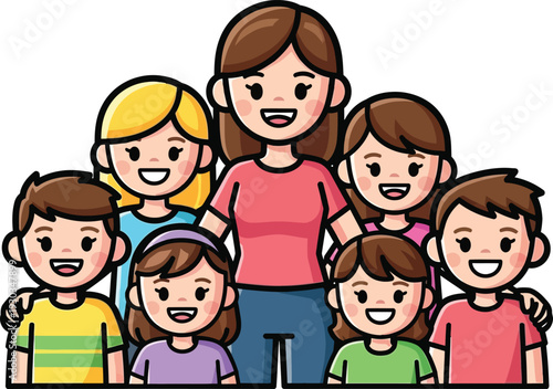 Mother standing proudly surrounded by six happy children of various ages forming a large, loving family portrait.
