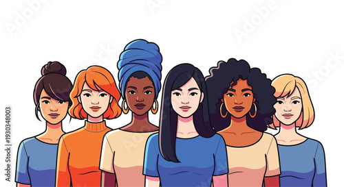 Diverse group of six women standing together featuring various skin tones and hairstyles representing female empowerment and unity.