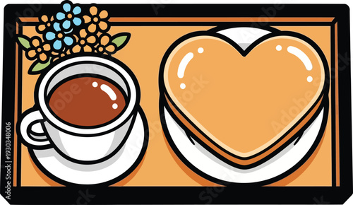 Overhead view of a dark tray holding a cup of dark coffee and a large heart shaped pancake with shiny glaze on a white background.