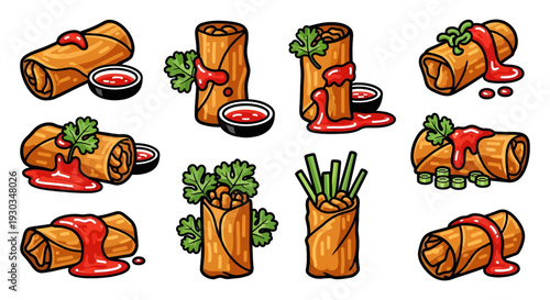 Thai Spring Rolls Vector Illustration Set, Fried Popiah with Sweet Chili Sauce and Coriander, Crispy Asian Snack Icons, Deep Fried Appetizer Graphics isolated on white.