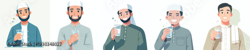 half body vector muslim man holding a glass of water