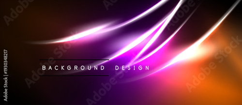 Abstract vibrant lines create dynamic energy. Purple, orange hues blend into black background. Text reads background design.
