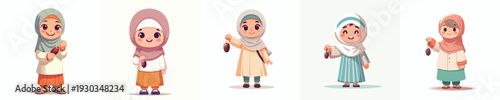 vector muslim little girl standing holding a dates fruit