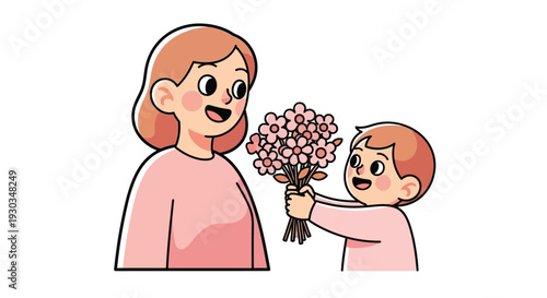 Smiling young boy presents a colorful bouquet of pink flowers to his happy mother as a gesture of appreciation and love.