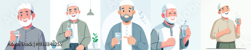 half body vector muslim grandfather holding a glass of water