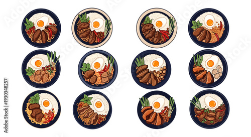Thai Basil Beef Rice with Fried Egg Vector Illustration Set, Pad Kra Pao Moo Sap Icons on White Background