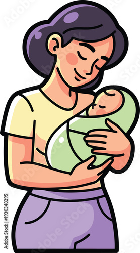 Mother gently holds a sleeping newborn baby bundled in a light green swaddle against a plain background emphasizing maternal love.