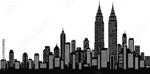 Modern city skyline silhouette, urban skyscrapers panorama, downtown architecture, metropolitan horizon, black vector illustration, business district, isolated on white background
