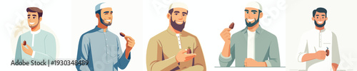 half body vector muslim man holding a dates fruit