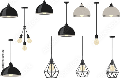 Modern hanging pendant lamp set, industrial ceiling light fixtures, decorative interior lighting collection, isolated vector illustration for home design