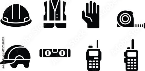 Black and white construction safety icons, hard hat, vest, glove, tape measure, radio communication set