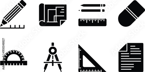 Black and white drafting tool icons, pencil, blueprint, ruler, eraser, protractor, compass, triangle, document set