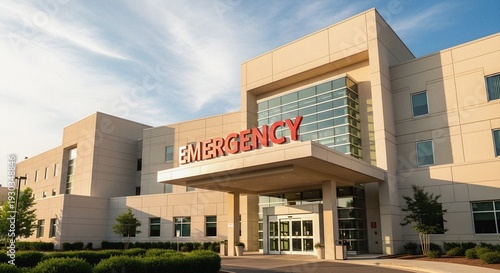Red Emergency Sign at a Modern Healthcare Facility Exterior Entrance Under a Clear Morning Sky Bathed in Warm Golden Hour Light