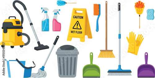 Cleaning Tools and Supplies Set Including Mop, Vacuum, Broom, Gloves, and Wet Floor Sign