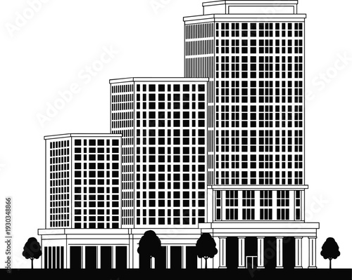 Modern office building skyline illustration, corporate headquarters architecture, urban business district, high rise tower exterior, isolated vector cityscape design