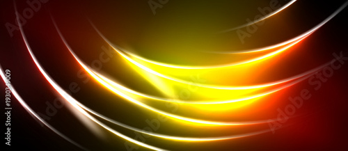 Bright, dynamic curves radiate from center. Colors transition smoothly, creating energetic visual effect. Dark background emphasizes luminosity.