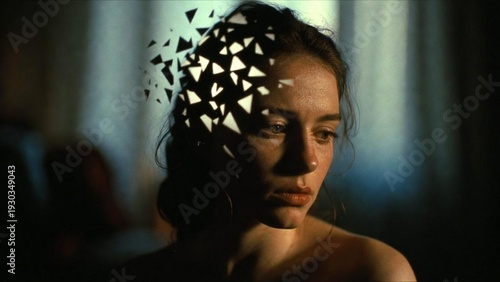 Young Woman Experiencing Anxiety with Abstract Shadows Representing Mental Struggle