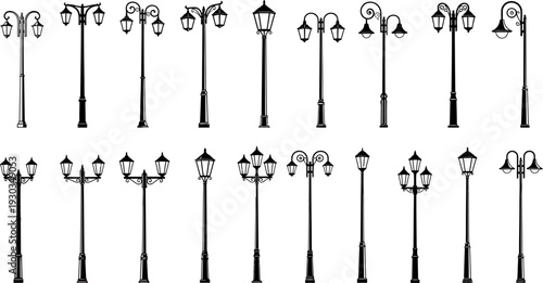 Collection of Vintage Street Lamps and Lampposts Silhouettes Vector Illustration Set