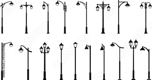 Collection of diverse street lamp and lamppost silhouettes, urban lighting elements set.
