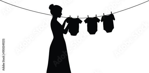 Silhouette of woman hanging baby clothes on clothesline, household laundry drying scene, vintage illustration art, domestic chore concept vector