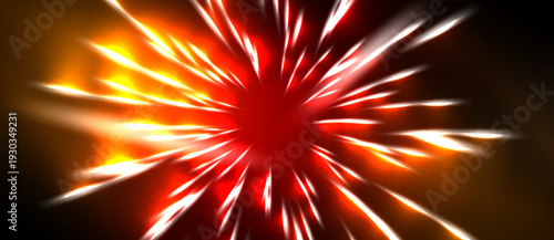 Bright explosion radiates outward. Red, orange, white streaks dominate dark background. Intense energy, dynamic visual effect.