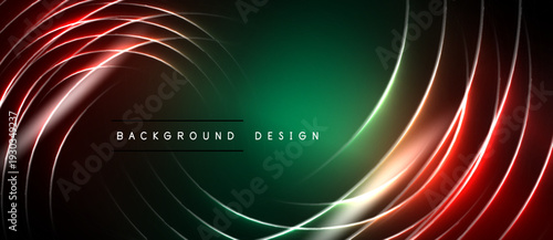 Abstract design features swirling lines, vibrant colors. Dark background contrasts bright red, white, green elements. Modern aesthetic.