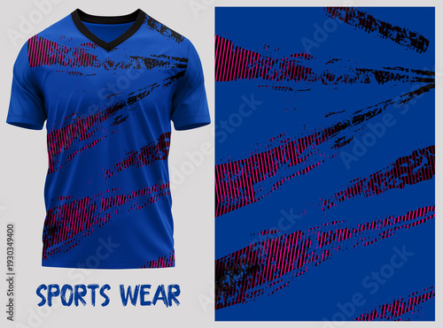 BLUE RED AND BLACK T-shirt V-neck  Short sleeve. With knit jersey fabric and rib neck texture ( 3d rendered ) High-quality sports jersey design template featuring an abstract splash background. Perfec
