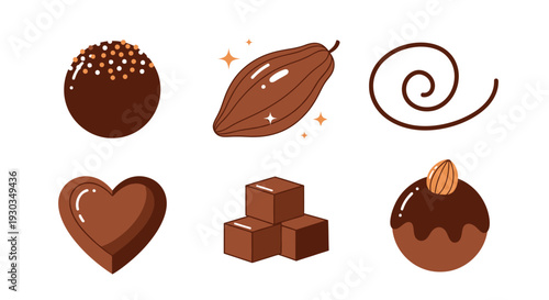 A delightful collection of various chocolate treats and ingredients, including truffles, a cocoa pod, a swirl, a heart, cubes, and an almond-topped chocolate.