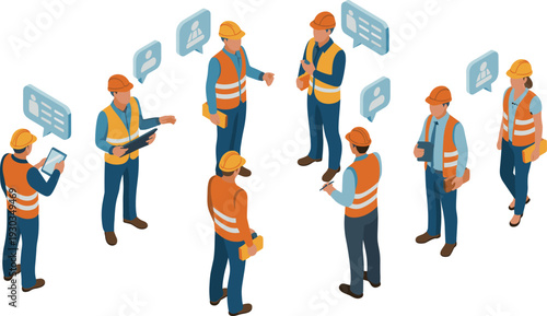 Isometric construction workers discussion illustration, engineers in safety helmets and vests, teamwork and industrial project coordination concept