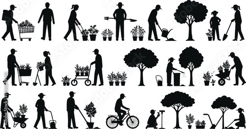 Silhouette people gardening, planting trees, watering plants, carrying pots, using tools, growing nature, eco friendly lifestyle, outdoor farming, environmental care, community work