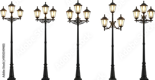 Collection of Ornate Vintage Black Street Lamps with Glowing Lanterns