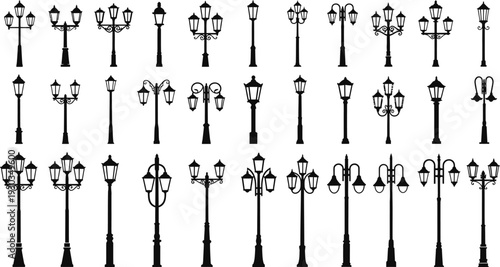 Extensive collection of various streetlights and lampposts silhouettes, isolated on white background.