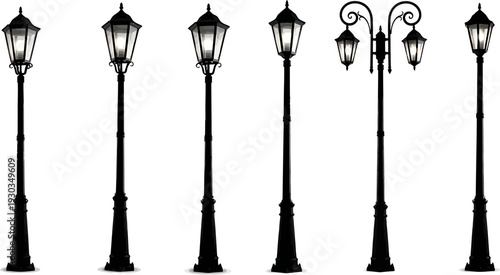 Elegant Collection of Vintage Street Lamps with Glowing Lights Isolated on White Background