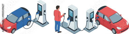 Isometric electric car charging station scene, EV vehicles and driver at charger, sustainable energy transport illustration