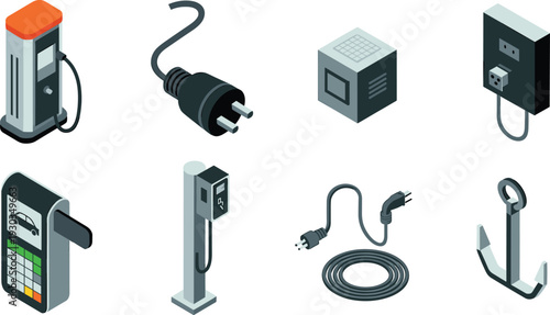 Isometric electric charging icons set, EV charger station, power plug, cable, socket, energy equipment illustration