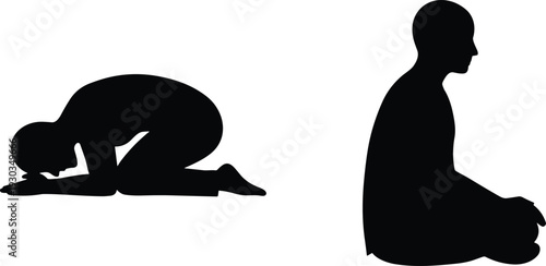 Silhouette of people praying and meditating in different poses, peaceful spiritual practice, mindfulness, religion, yoga meditation, mental health wellness illustration