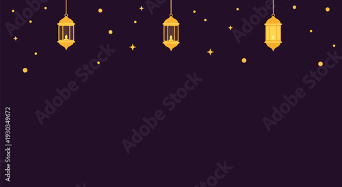 Traditional arabic lanterns and stars hanging on dark purple background for ramadan mubarak greeting card or islamic festival banner vector design
