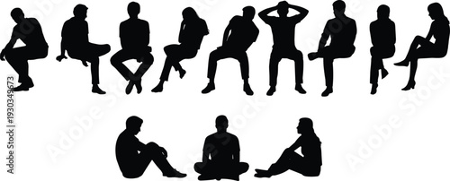 People,sitting,silhouettes,vector,illustration,men,women,relaxing,poses,resting,waiting,casual,postures,collection,black,figures