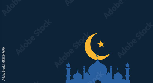 Ramadan kareem vector background with crescent moon and star above blue mosque silhouette on dark sky for islamic holy month celebration and design