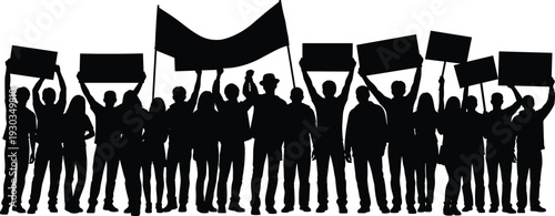 Protest crowd silhouette illustration, people holding banners and flags, social movement demonstration, political activism concept, isolated black vector design