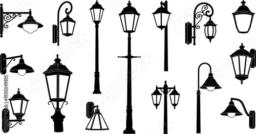 Diverse collection of vintage and modern street lamps, lanterns, and lamp posts silhouettes.