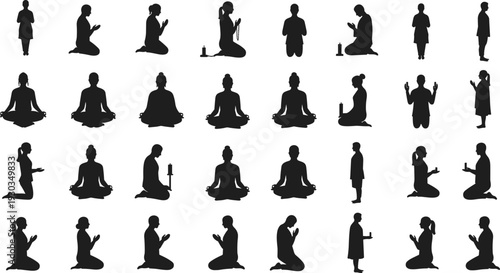 Silhouette of people praying and meditating in various poses, spiritual worship illustration, yoga meditation, religious devotion, candle, mindfulness art