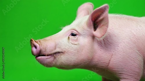 Cute pink piglet with green background