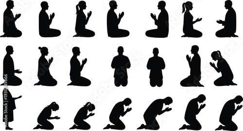 Silhouette of people praying in kneeling positions, spiritual worship illustration, religious devotion concept, meditation poses, Islamic prayer, Christian faith art