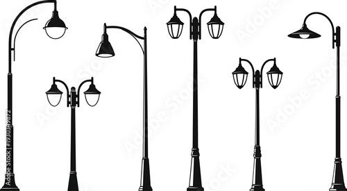 Collection of Diverse Street Lamps Silhouettes Vector Illustration on White Background