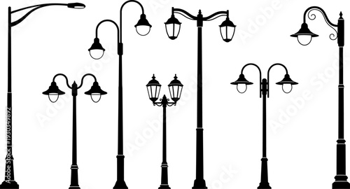 Set of various streetlights and lampposts silhouettes, black vector illustration on white background