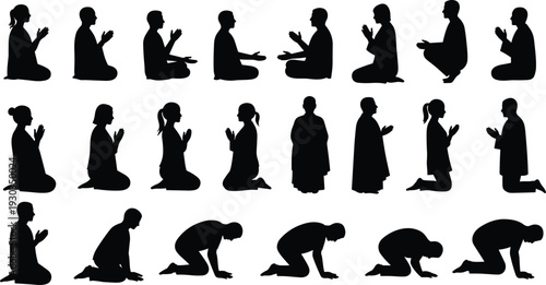 Silhouette of people praying in various kneeling and bowing positions, spiritual worship illustration, Islamic prayer steps, religious devotion, meditation art
