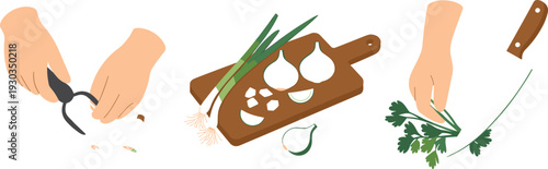 Minimalist cooking illustration, chopping garlic and herbs, cutting board with onions, hands preparing fresh ingredients in kitchen